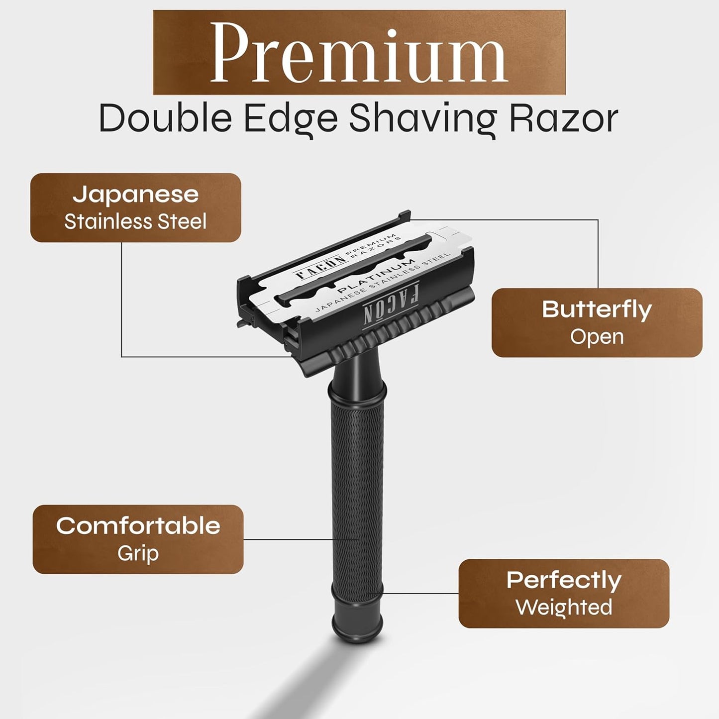 Facón Double Edge Safety Razor for Men & Women - Butterfly Open Stainless Steel Razor w/ 50 Platinum Double Edge Safety Razor Blades, Single Blade Razor for Smooth Close Shave, Reusable & Eco-Friendly