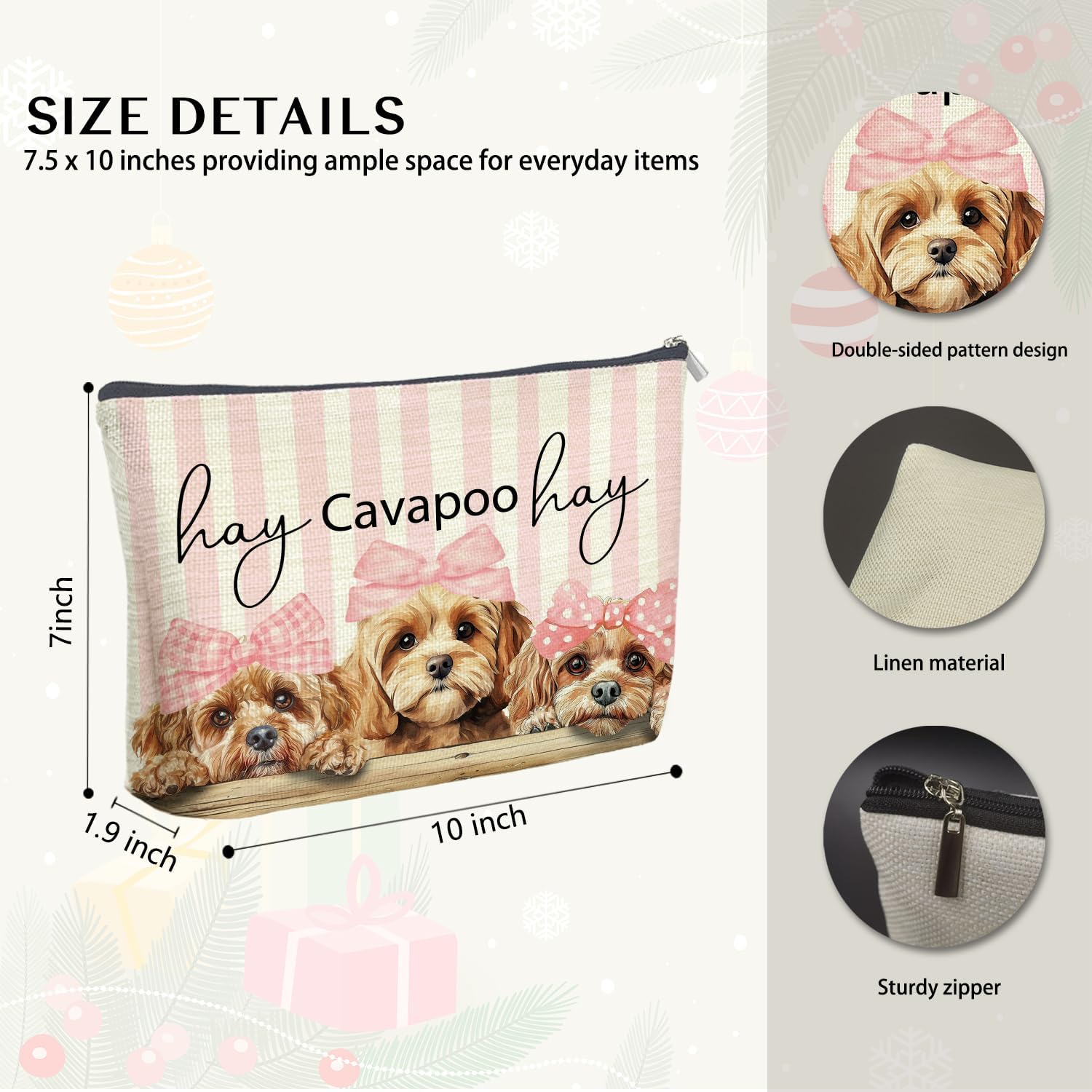 Coquette Pink Bow Cavapoo Makeup Bag Gifts for Women, Preppy Cavapoo Cosmetic Bag, Girly Cute Dog