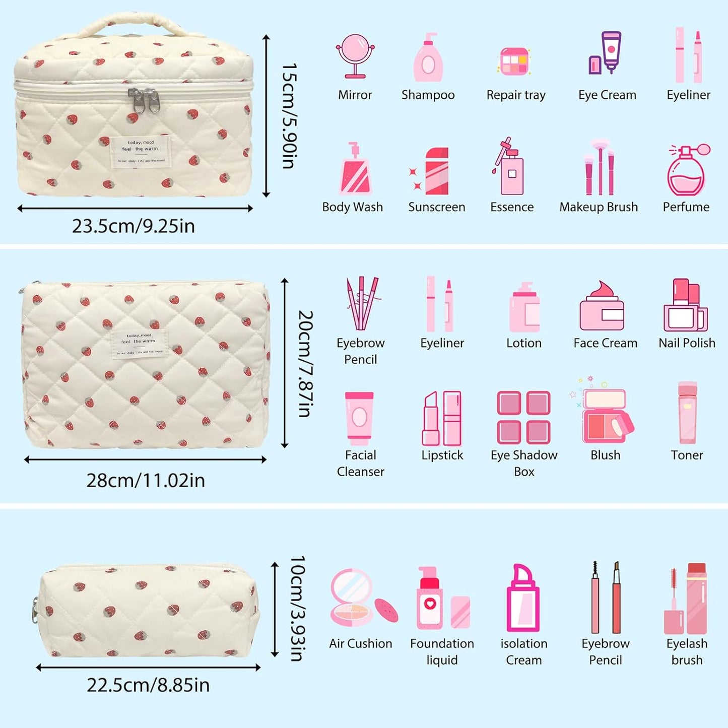 Quilted Makeup Bag, Large Capacity Travel Cosmetic Bag for Women and Girls, Aesthetic Storage for Daily and Travel Use (3pcs-strawberry, Pink Bow)