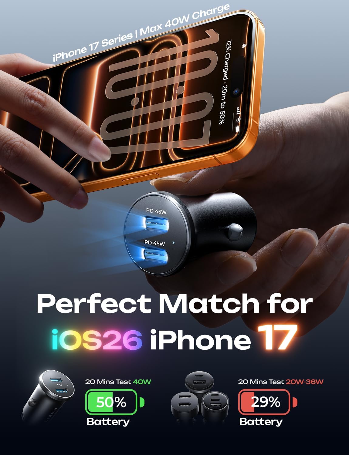LISEN 90W for iPhone 17 Car Charger USB C Fast Charge, Dual Fast Charging Port 45W USB C Car Charger Type C Adapter with 2 Cables [Lighning&USB-C] for iPhone 17 Pro/16/15/14,Galaxy S25/S24