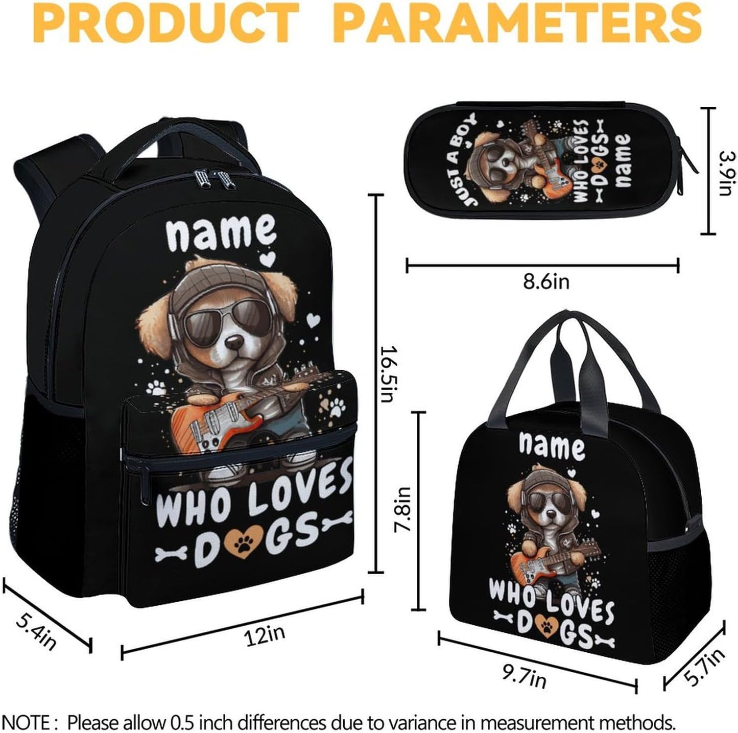 Custom Dog Backpack with Lunch Box, Set of 3 School Backpacks Matching Combo, Cute Black Bookbag and Pencil Case Bundle