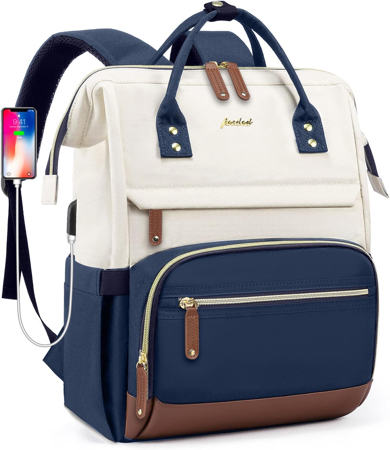 Laptop Backpack for Womem Work Bags: 17.3 Inch Travel BackPacks With USB Charging Port Anti Theft Fashion College BookBag Durable Back Pack Purse Bussiness Daypack for Nurse Teacher Navy Beige