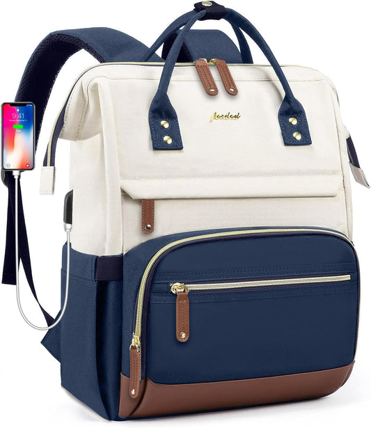 Laptop Backpack for Womem Work Bags: 17.3 Inch Travel BackPacks With USB Charging Port Anti Theft Fashion College BookBag Durable Back Pack Purse Bussiness Daypack for Nurse Teacher Navy Beige