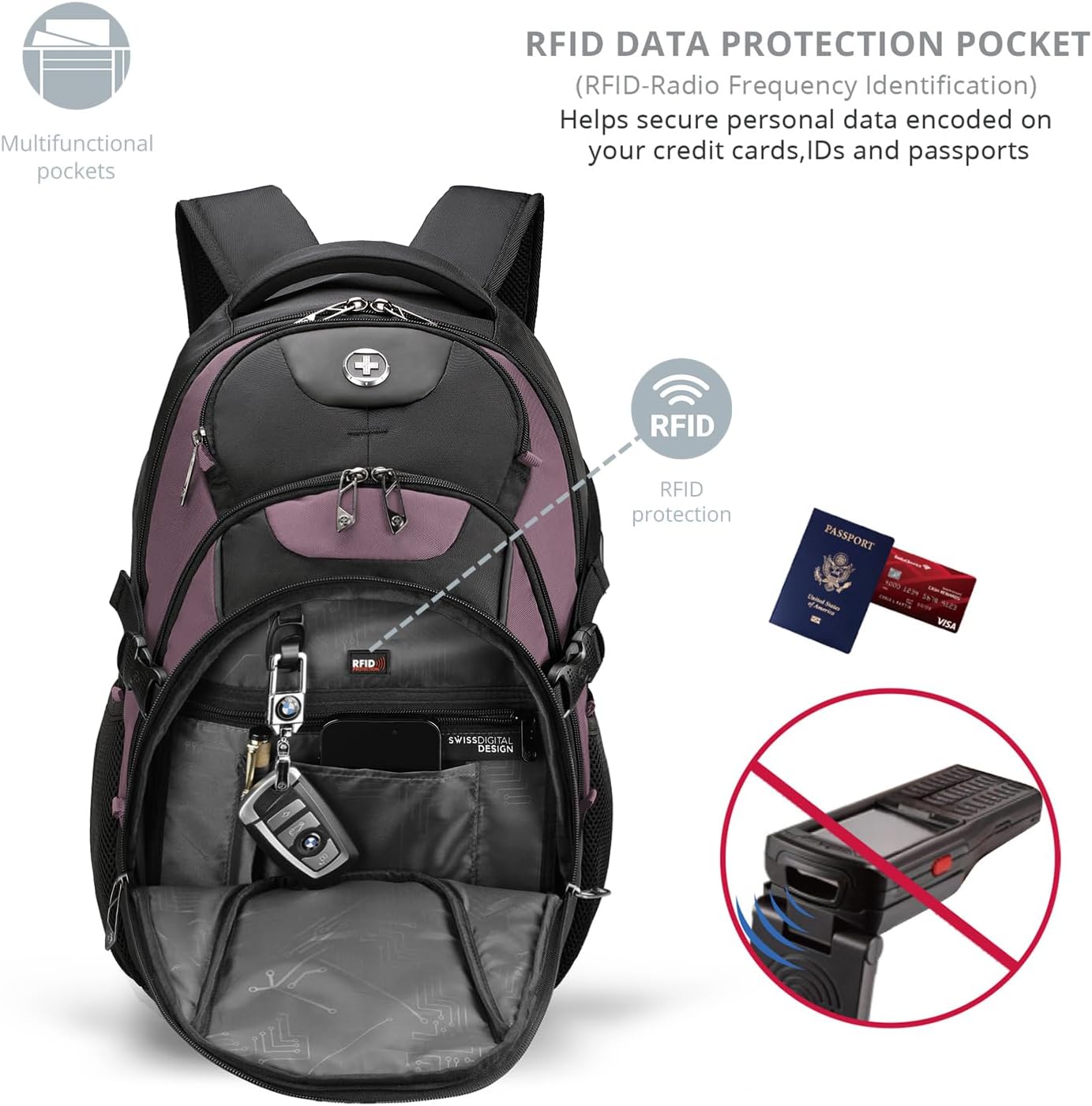 Swissdigital Design Laptop Backpack with USB Charging Port, Travel Backpack Fits 15.6 inches Computer, 31L College School Backpack for Women, Light Purple/Black | SD803