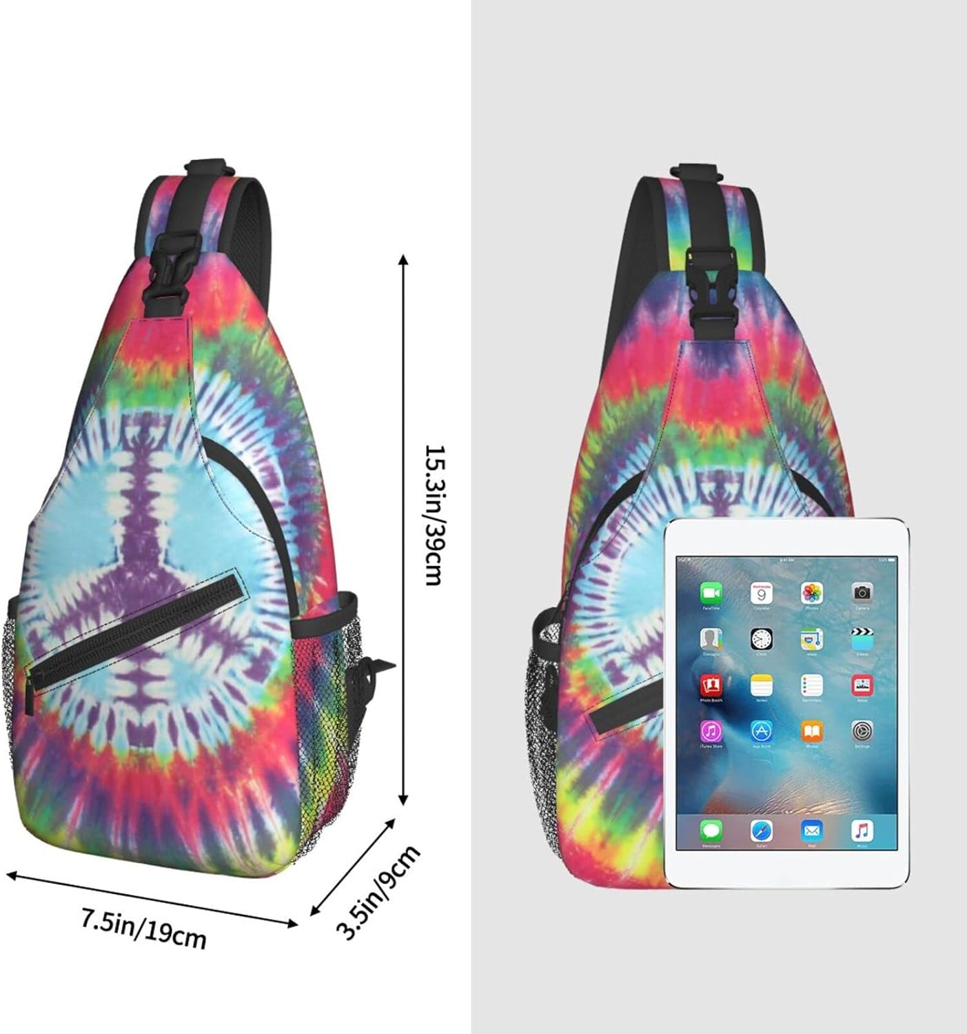 bassyil Tie Dye Peace Sign Rainbow Sling Bag Crossbody Travel Hiking Chest Backpack Shoulder Daypack for Women Men