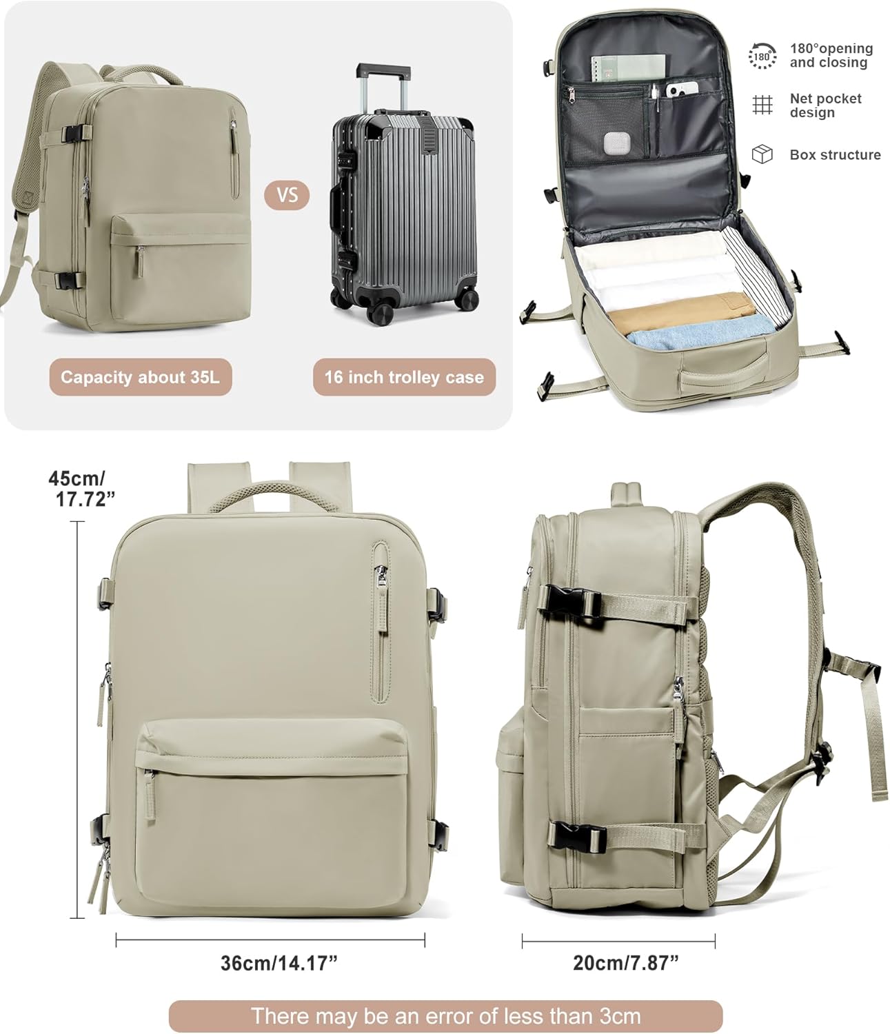 VGCUB Travel Backpack for Women Men for Spirit Airlines Personal Item Bag 18x14x8 Inches Laptop College Backpack,Waterproof Carry on Flight Approved Work Backpack Mochila de Viaje,Large Grey brown