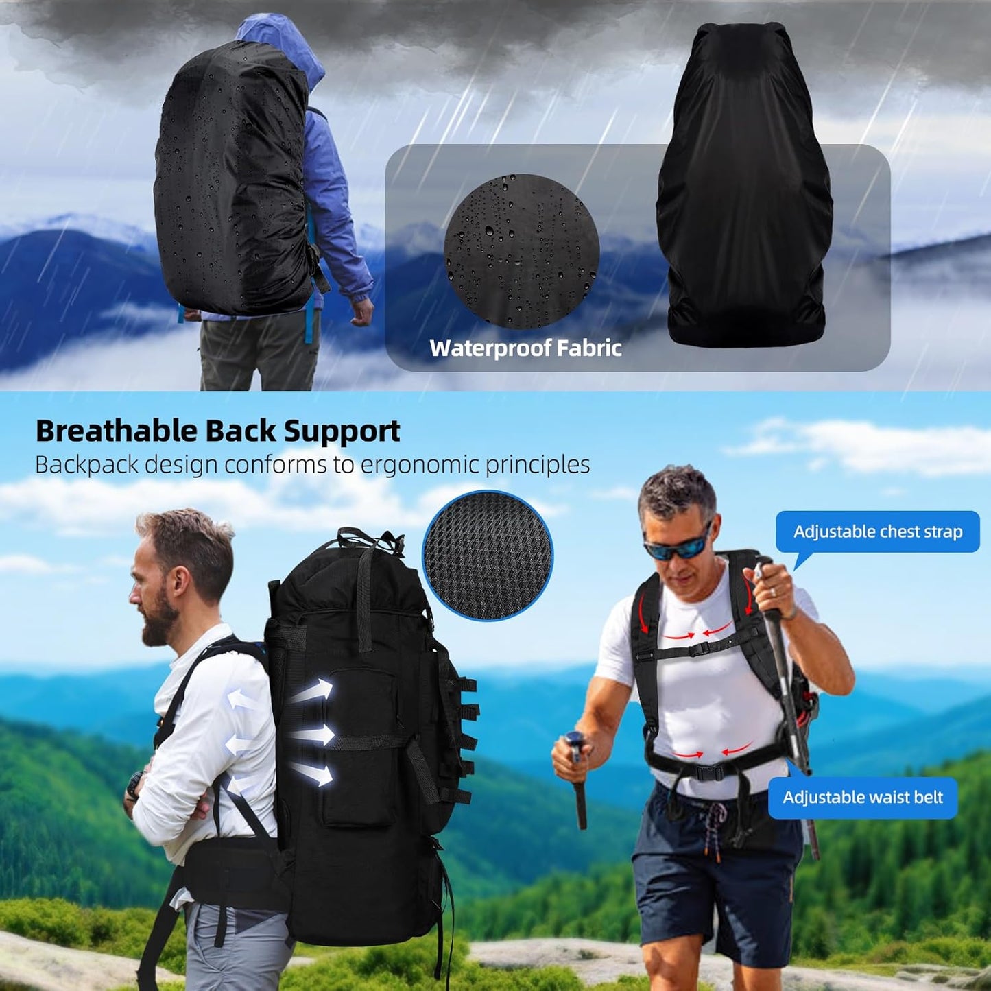 70L Camping Hiking Backpack with Rain Cover, Large Military Tactical Backpack, Waterproof Molle Racksack Travel Backpacking Daypack for Climbing Trekking