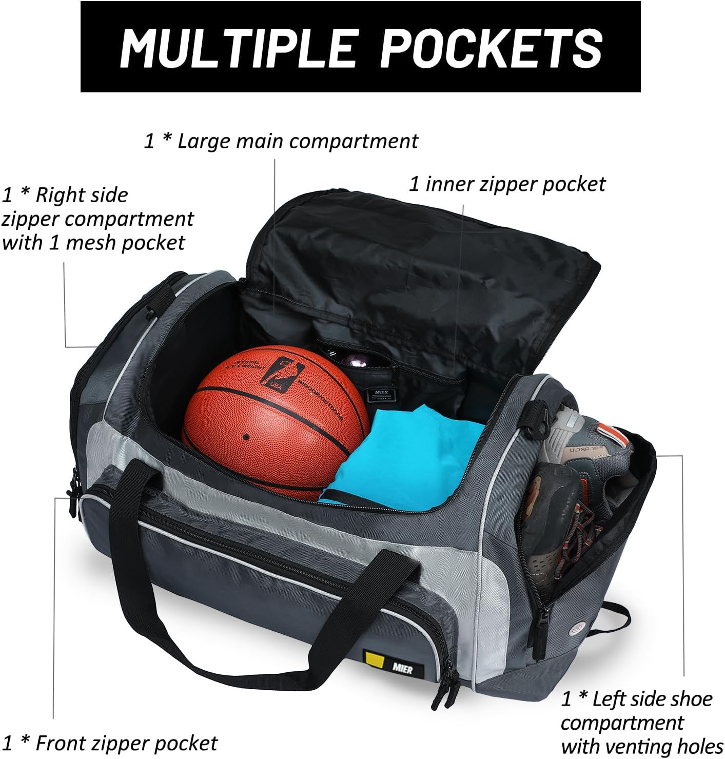 MIER Large Gym Bag for Men Sports Duffle Bag with Shoe Compartment 60L Lightweight Duffel Bags for Workout Fitness Travel