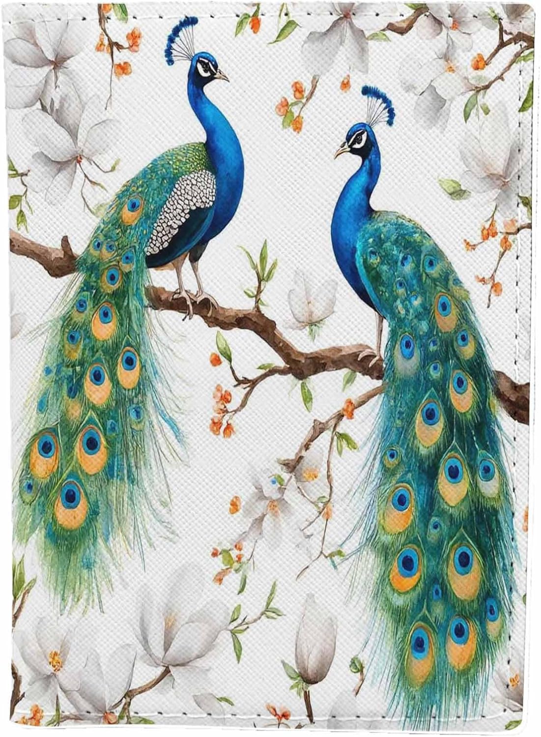 Peacock Passport Holder for Travel Blooming Flower Trees Magnolia PU Leather Passport Cover Wallet Cute Passport Card Holder for Women and Men