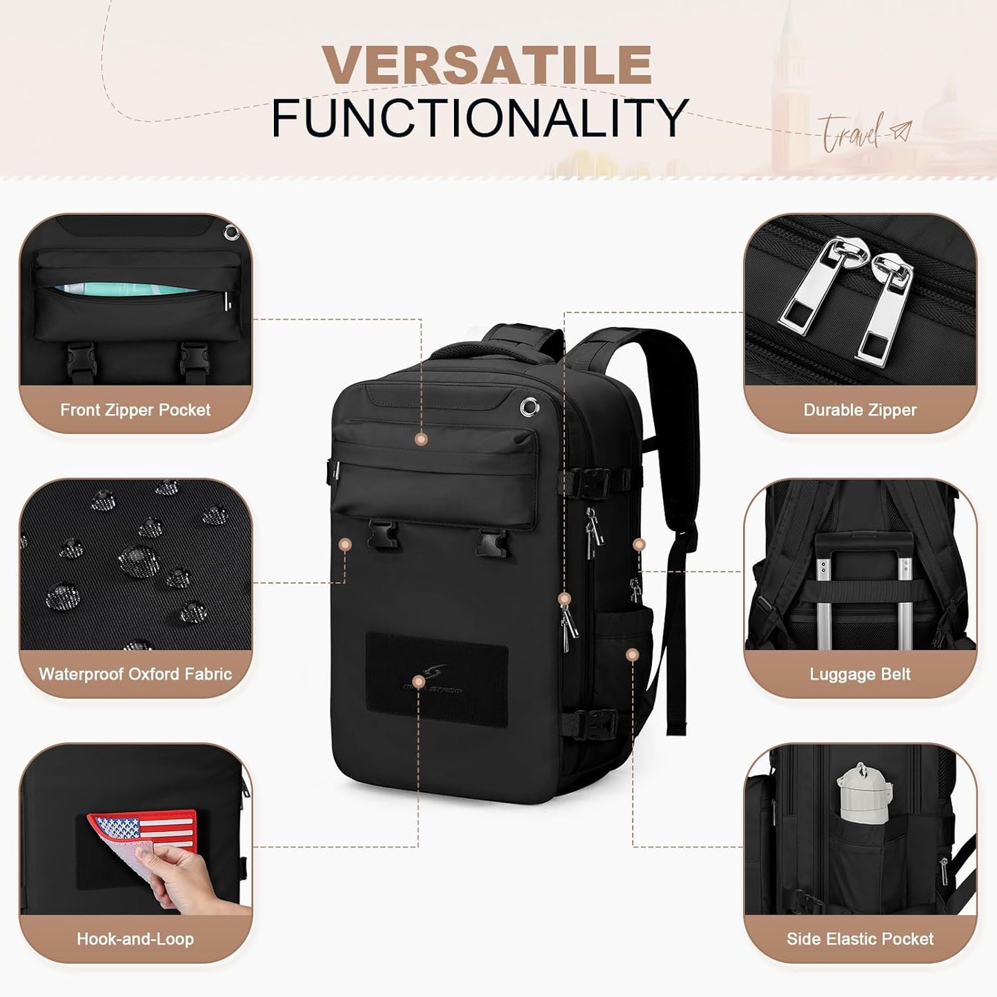 Maelstrom Travel Backpack for Women Men,35L Laptop Backpack Fits 17-Inch Laptop,Carry On Backpack for Airplanes with Crossbody Bag&Shoe Compartment&Toiletry Bag (Black With Toiletry Bag, Large)
