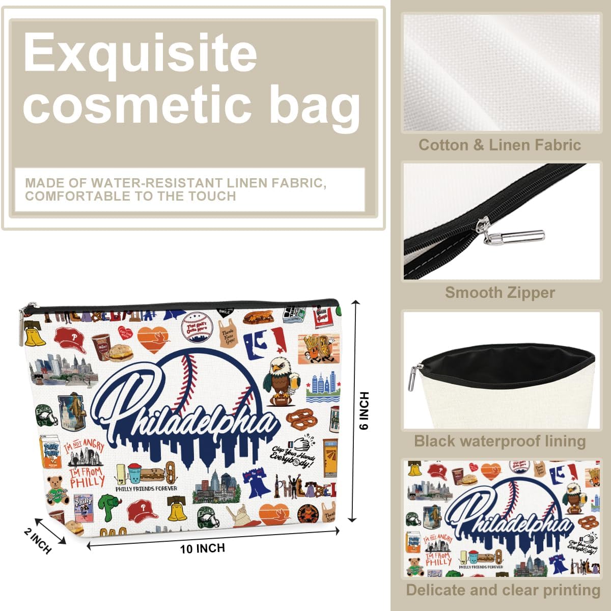 Philadelphia Themed Makeup Bag - Philadelphia Souvenirs Gift for Women, Best Friend, Sister - Travel Friendly Cosmetic Bag, Birthday Christmas Gifts