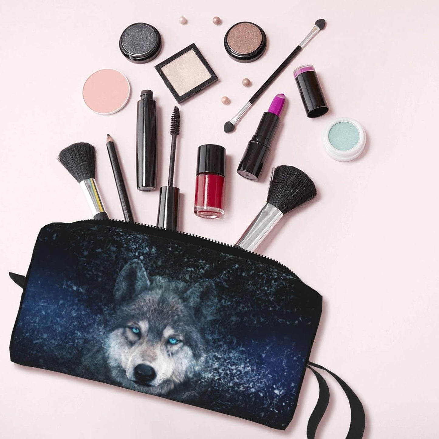 Majestic Wolf Midnight Makeup Bag Small Compact & Durable Travel Cosmetic Bag Organizer Oxford Fabric Impact-Resistant Multi-Purpose Storage Perfect for Travel, Gym, Daily Use