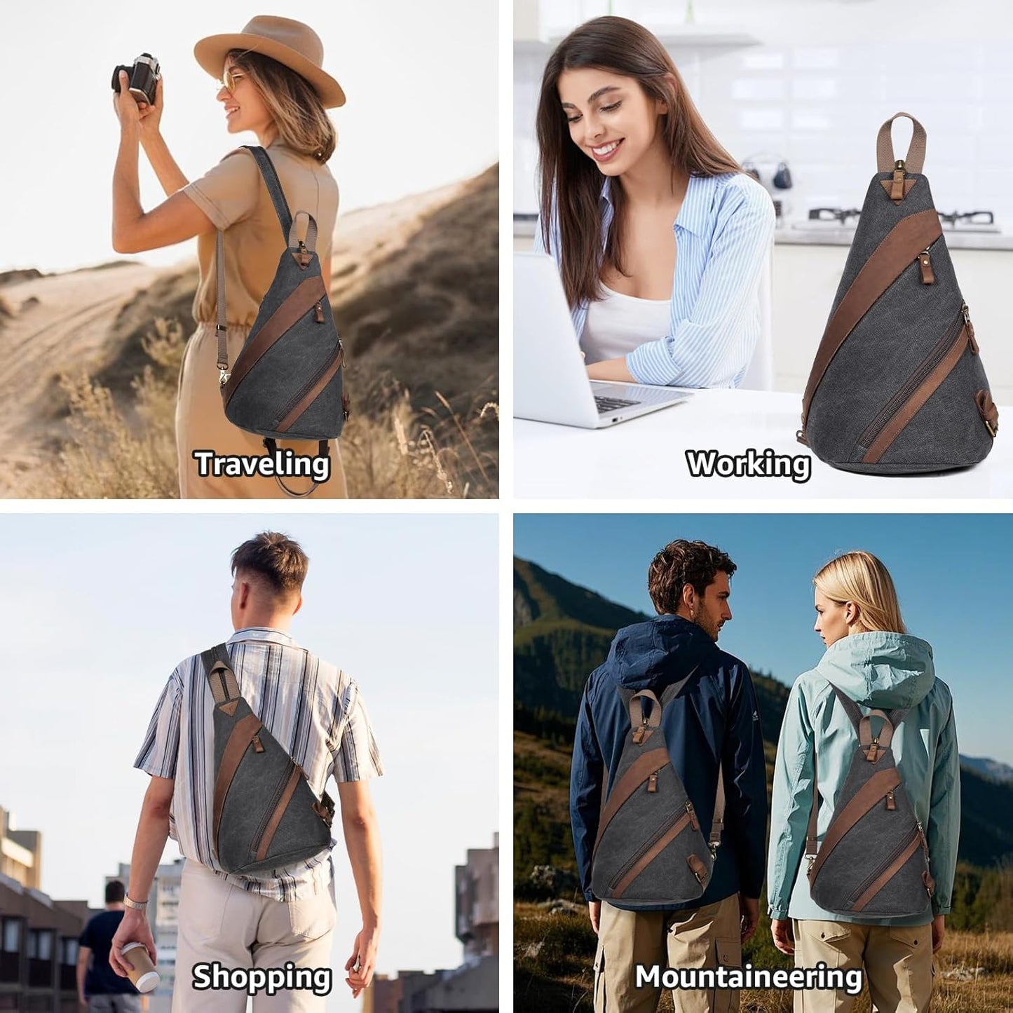 KL928 Canvas Sling Bag for Men Women, Genuine Leather Design Shoulder Crossbody Bags Backpacks Travel Daypack with Earphone Hole Rucksack, Black