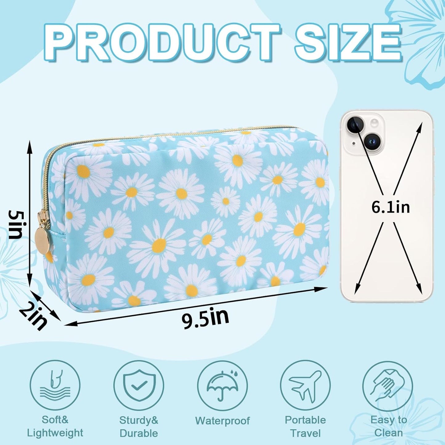 Waterproof Small Floral Makeup Bag Pouch for Purse,Nylon Flower Cosmetic Bag Preppy Travel Toiletry