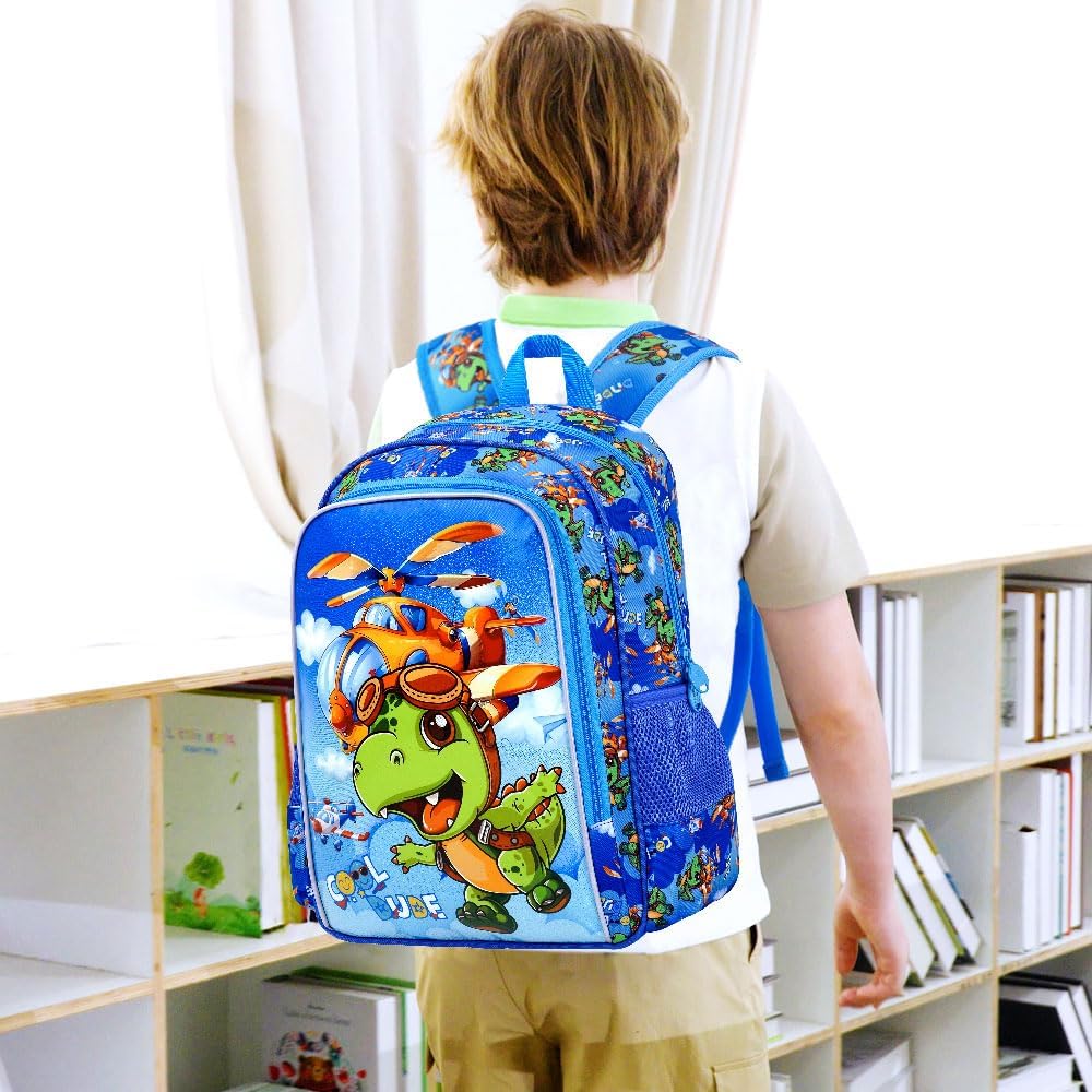 gxtvo 3PCS Boys Dinosaur Backpack, 16" Kids Airplane Bookbag with Lunch Box, Water Resistant Elementary Preschool Toddler School Bag