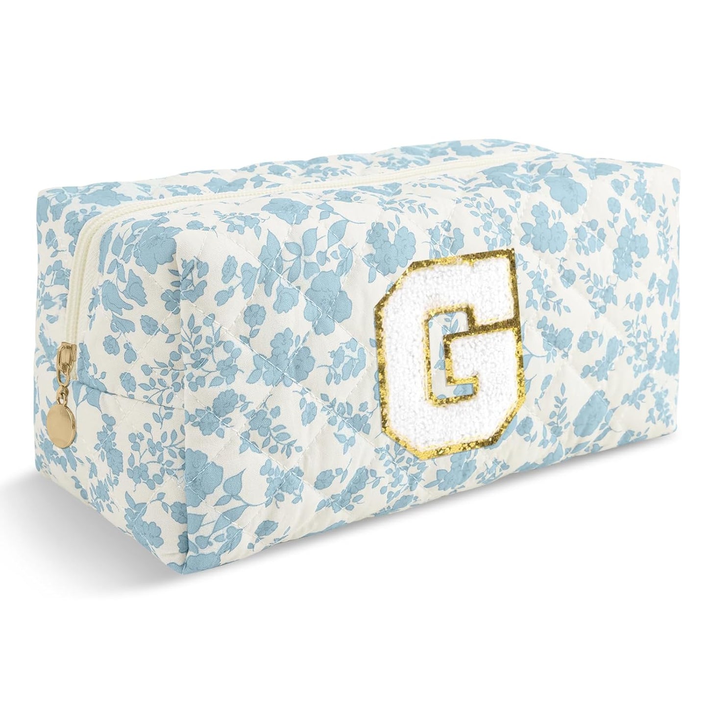 Personalized Quilted Cosmetic Bag, Puffy Monogrammed Christmas Birthday Gifts for Women & Girls, Cute initial Floral Makeup Bag Puffer Coquette Bag, Aesthetic Travel Toiletry Zipper Pouch(Blue,G)