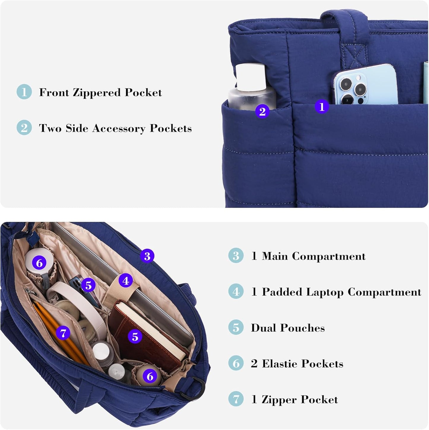 AOCINA Puffy Tote Bag for Women Quilted Work Bag Nurse Bags Women's Handbags for Travel