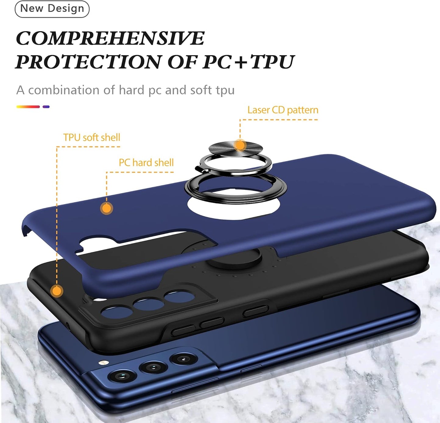 Galaxy S21 FE 5G Case with Nano Explosion-Proof Film - 2 Pack Military Grade Double Shockproof Invisible Kickstand Case - Blue