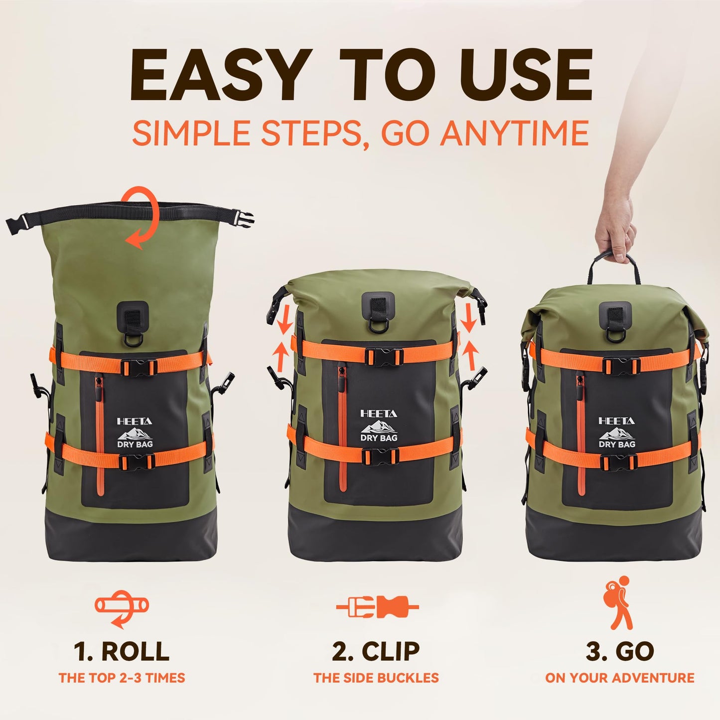 HEETA Dry Bags Waterproof Backpack 40L for Men & Women, Roll Top Heavy Duty