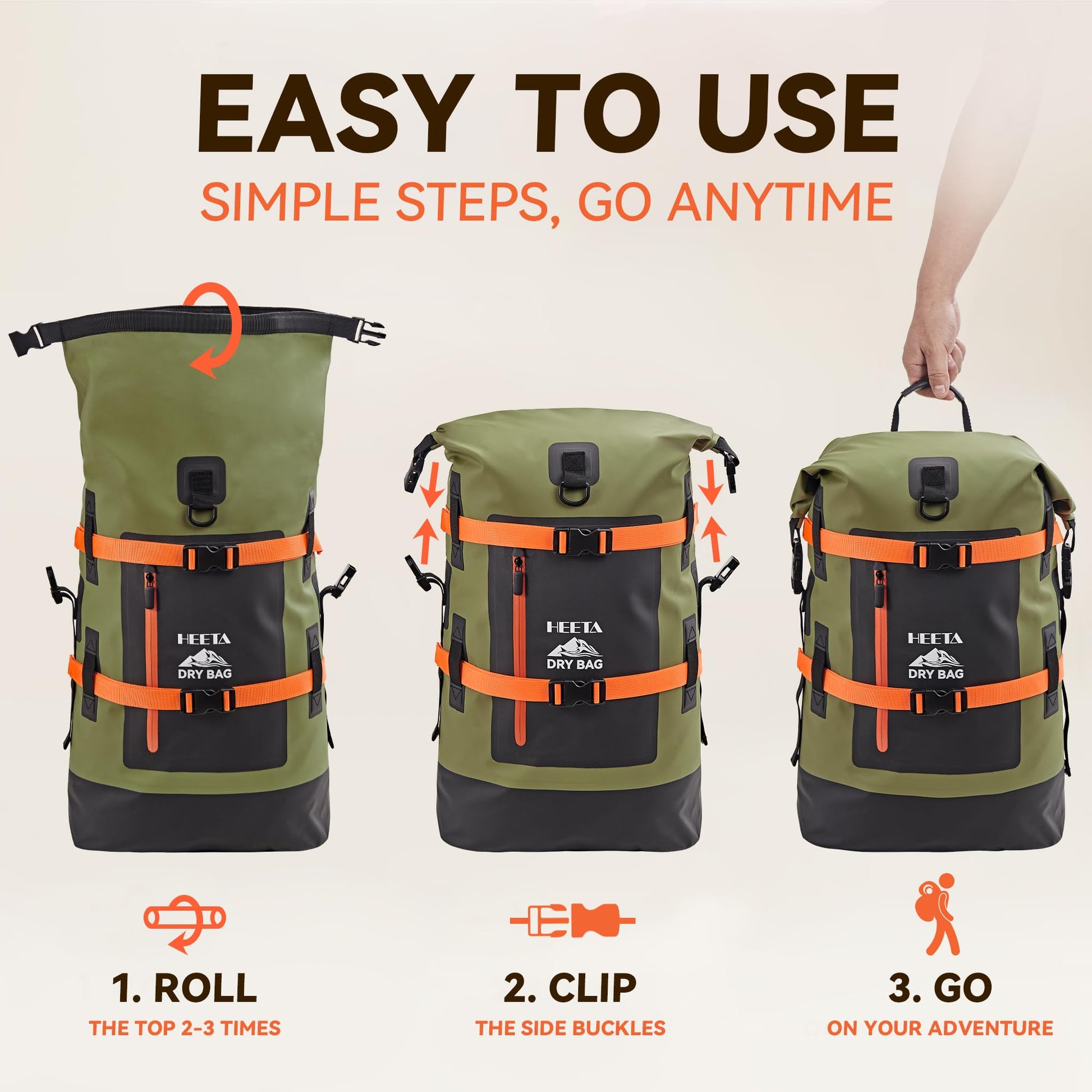 HEETA Dry Bags Waterproof Backpack 40L for Men & Women, Roll Top Heavy Duty