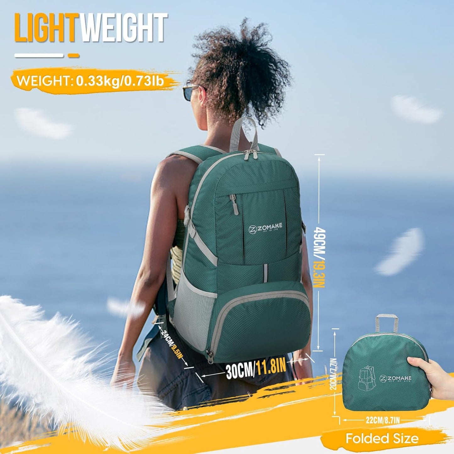 ZOMAKE Lightweight Packable Backpack 35L, Light Foldable Backpacks Water Resistant Collapsible Hiking Bag, Compact Folding Day Pack for Travel Camping(Dark Green)