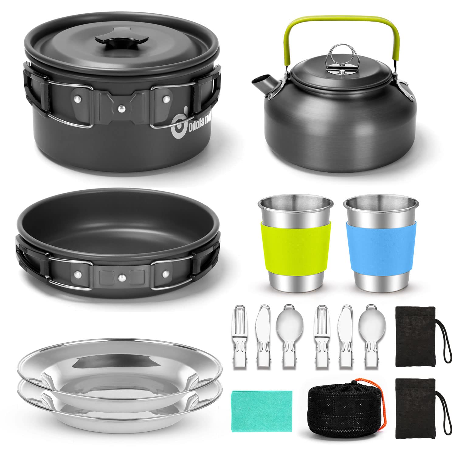 Odoland 15pcs Camping Cookware Mess Kit, Lightweight Pot Pan Kettle Set
