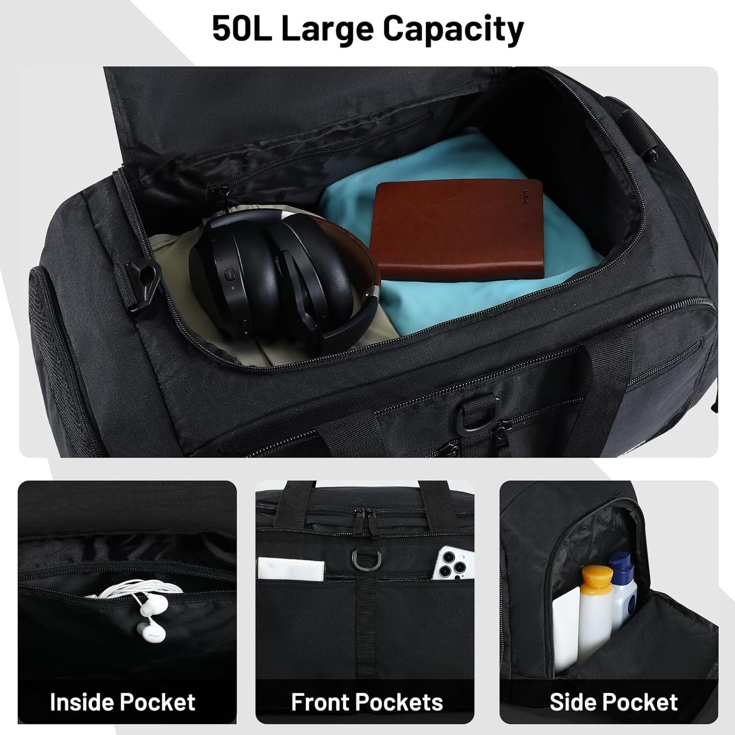 MIER Foldable Duffle Bag with Shoe Compartment 50L Travel Duffel Bags for Men Women Packable Overnight Bag for Camping Gym Weekender, Black