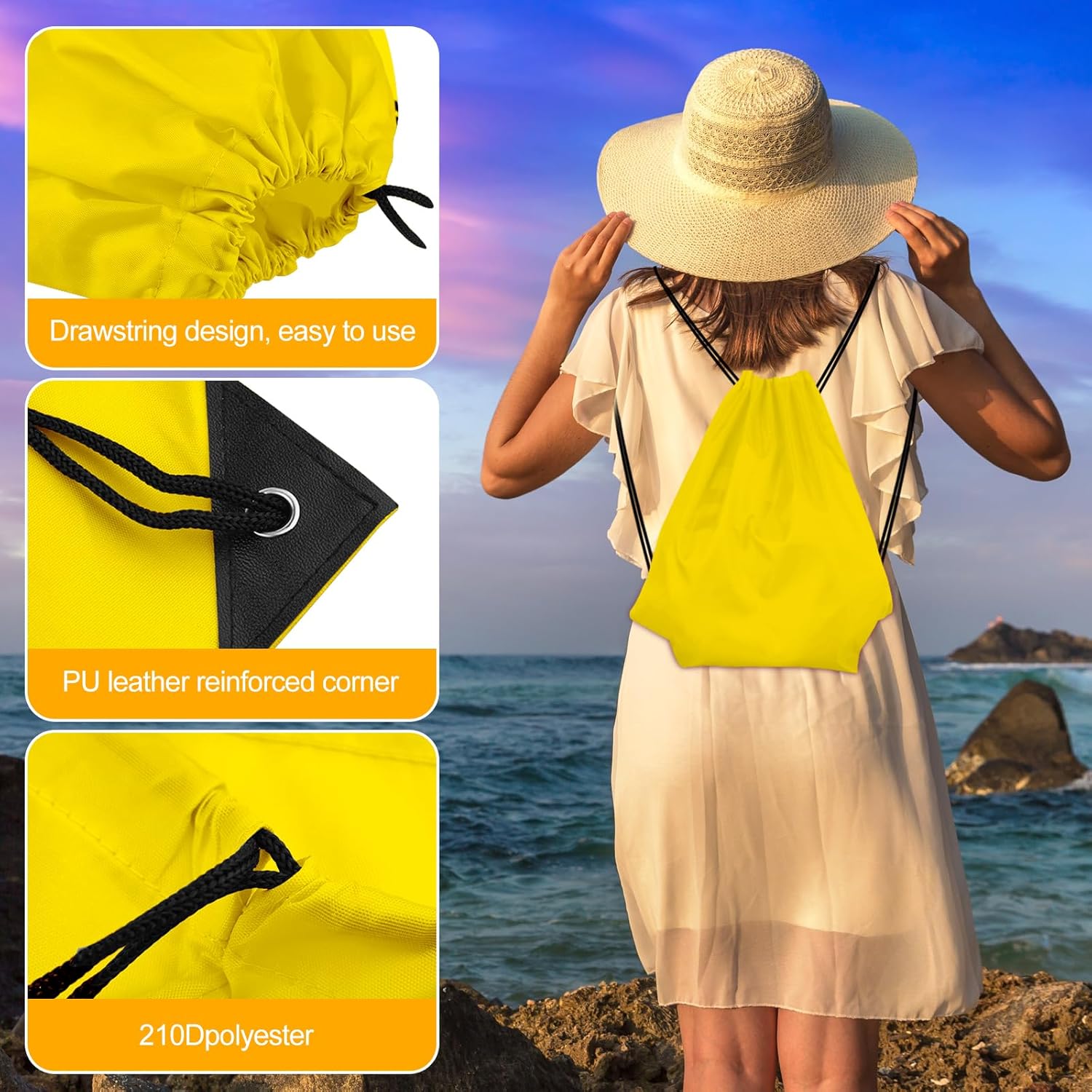 KUUQA 12 Pcs Drawstring Backpack Bags Bulk Yellow Drawstring Bag Foldable Gym Bag Sports Cinch Sack