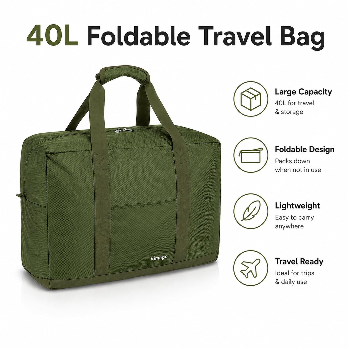 Vimapo Foldable Travel Duffle Bag with Trolley Sleeve 40L Travel Bag