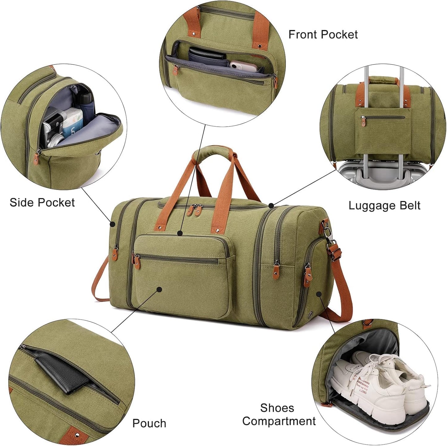 Duffle Bag for Travel, 40L Canvas Travel Duffel Bag With Shoe Compartment And Toiletry Bag, Overnight Weekender Carry On Luggage Bag for Men & Women (Green)