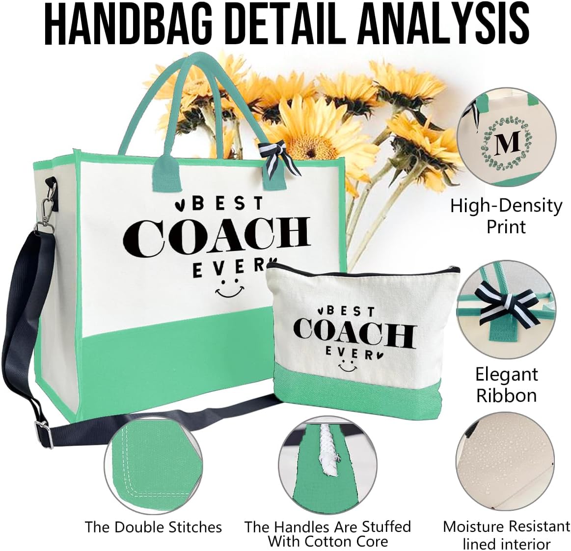 SUSZDOU Gifts for Best Coach Ever - Canvas Beach Tote Bag with Matching Makeup Pouch, Durable Travel Gym Camping Bag, Thank You Gift for Sports Coach, Female Trainers Gifts for Women H1