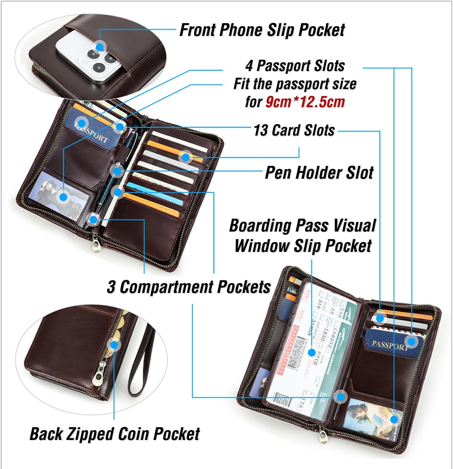 Top Grain Leather Travel Passport Wallet Holder for Man & Woman, Handmade with Three-Layer for 4
