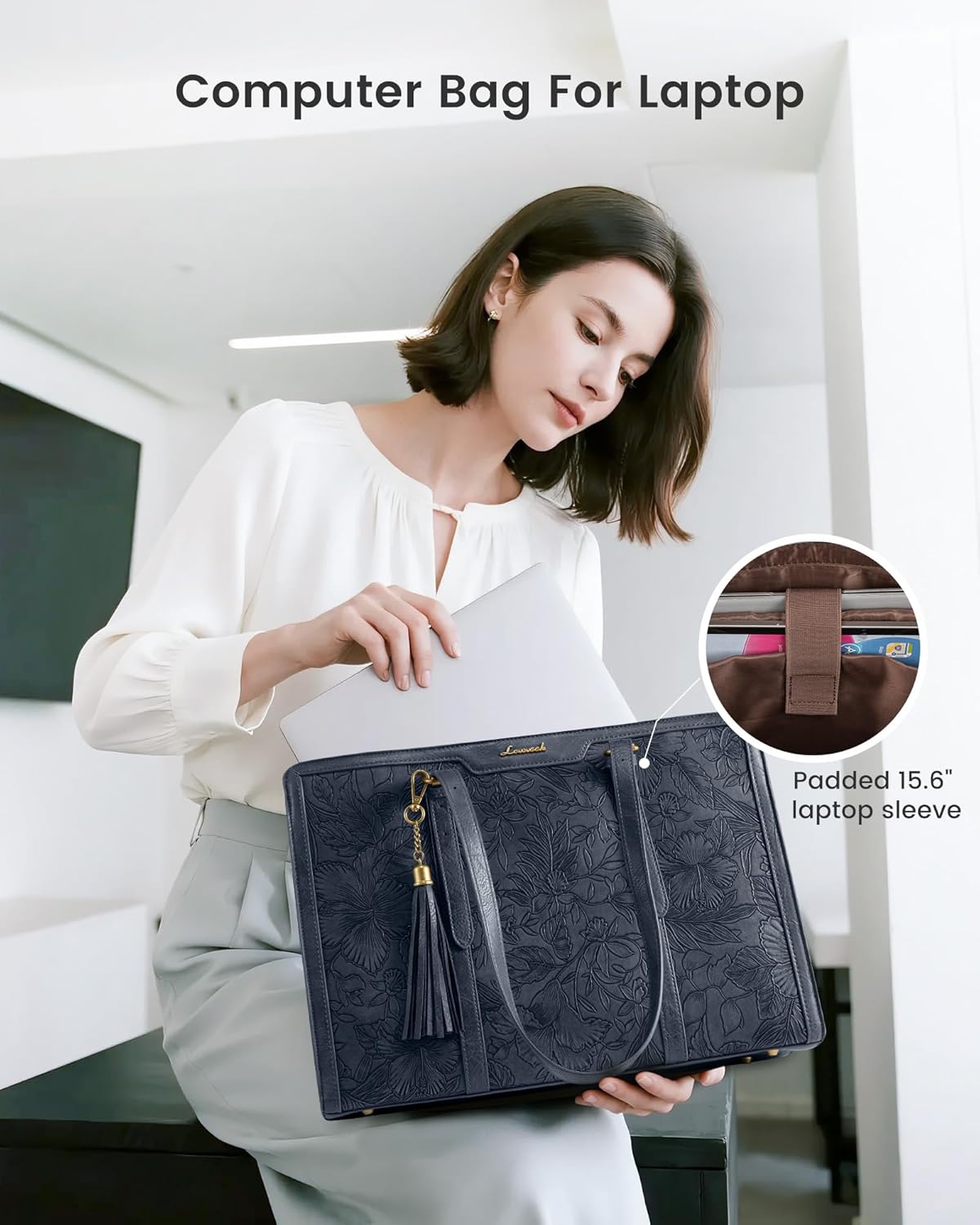 LOVEVOOK Laptop Bag for Women Vintage Leather Work Tote 15.6 inch Large Capacity Computer bag with