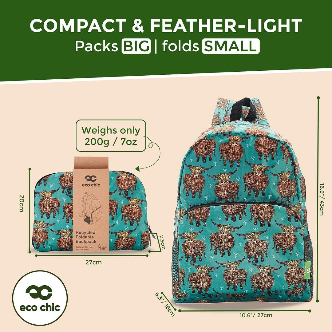 ECO CHIC Hiking Lightweight Packable Backpack - Foldable Daypack for Travel & Hiking & Outdoor Adventures - Waterproof Backpack from Recycled Materials (Highland Cow Teal)