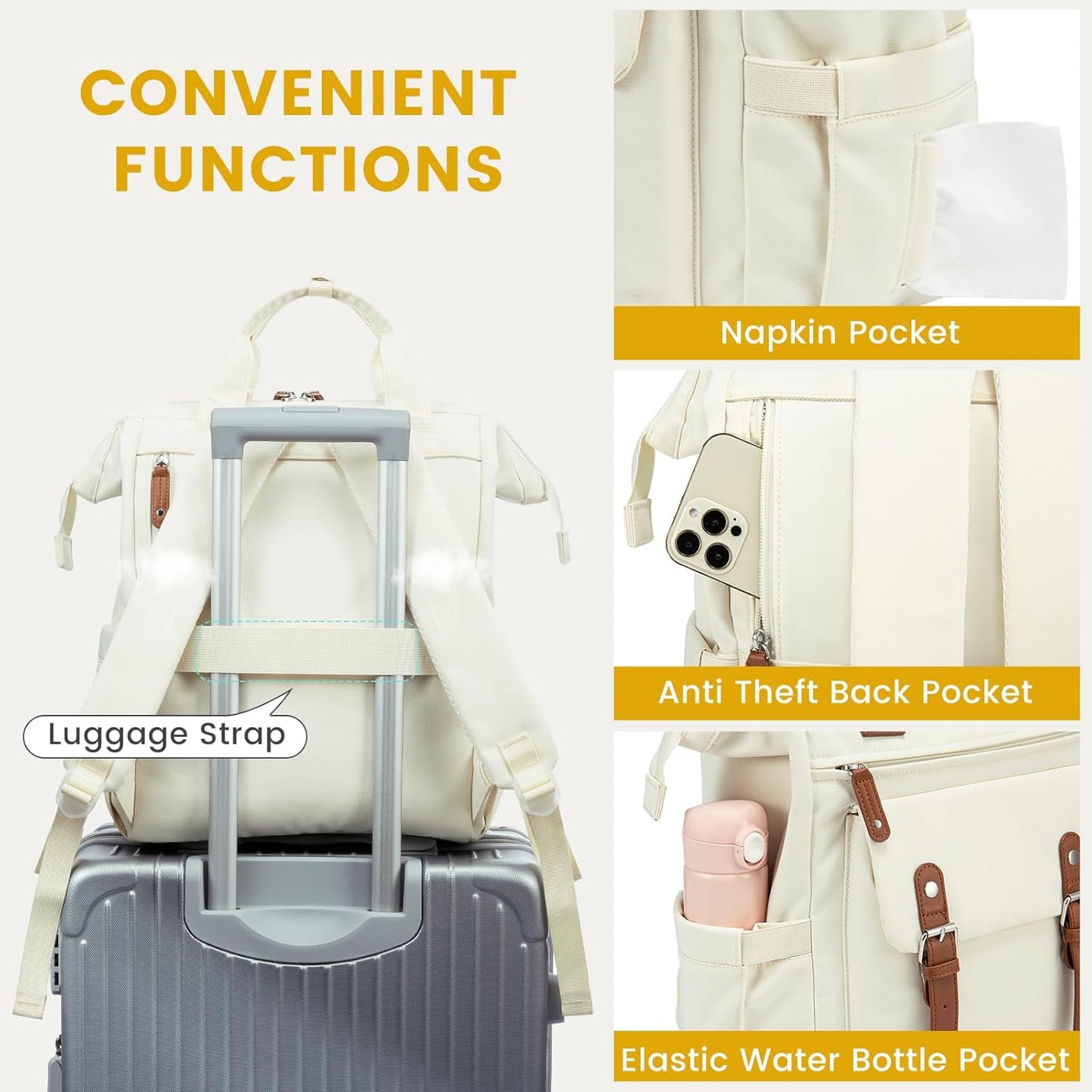 LOVEVOOK Laptop Backpack for Women Work Travel, Large Capacity Computer Backpack Purse, Nurse Bags Doctor Teacher Business Laptop Bag, Fashion College Backpack Casual Daypack, 17 Inch, Beige-brown