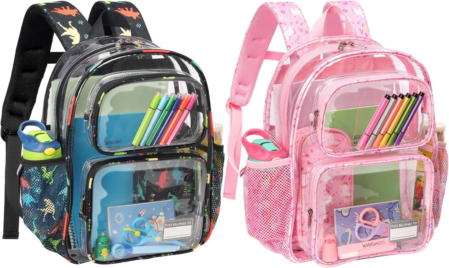 Bagseri 2pcs Clear Backpack for Boys Girls - 15 Inch Clear Bookbag for Kids Aged 3 to 8 Heavy Duty Transparent Backpack for School, Black Dinosaur & Pink Unicorn