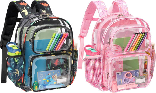 Bagseri 2pcs Clear Backpack for Boys Girls - 15 Inch Clear Bookbag for Kids Aged 3 to 8 Heavy Duty Transparent Backpack for School, Black Dinosaur & Pink Unicorn