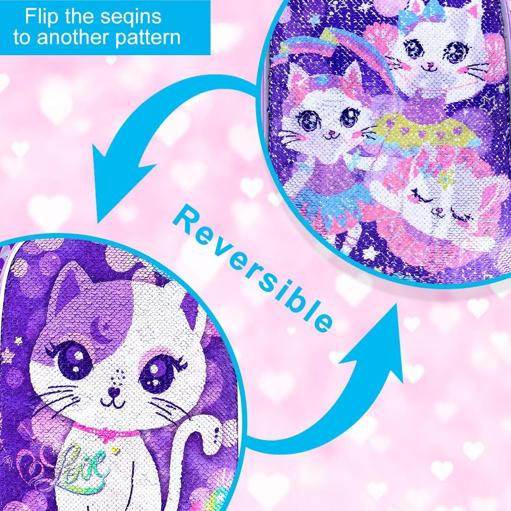 UFNDC 3PCS Backpack for Girls with Lunch Box,16”Kids Sequin Bookbag with Lunch Box, School Bag for Elementary Toddler