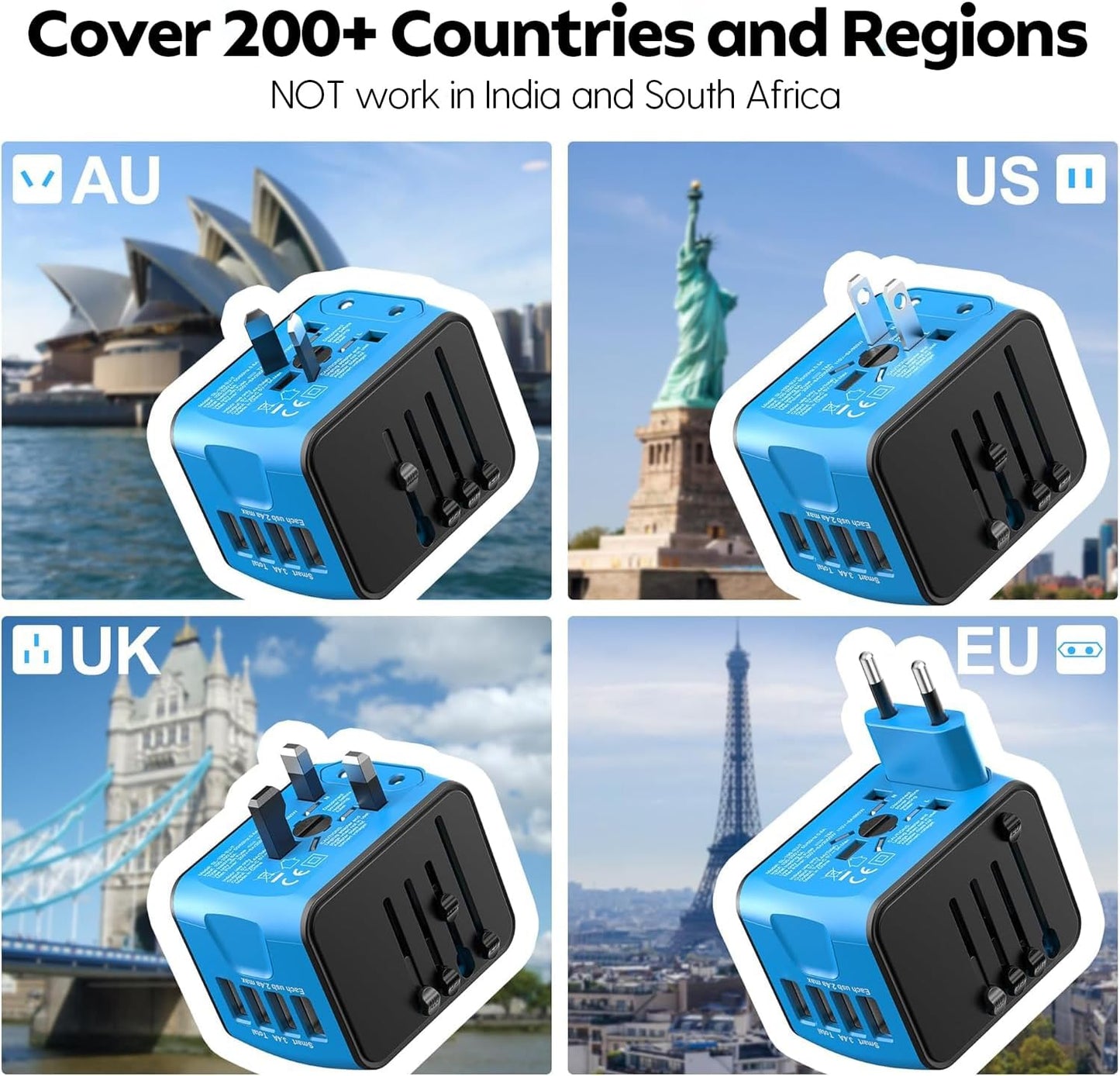 JMFONE Universal Travel Adapter, 4 USB(Type A) Ports & AC Outlet, International Power Plug Adapter All in One Perfect for European, US, EU, UK, AU 200+ Countries - Not a Voltage Converter