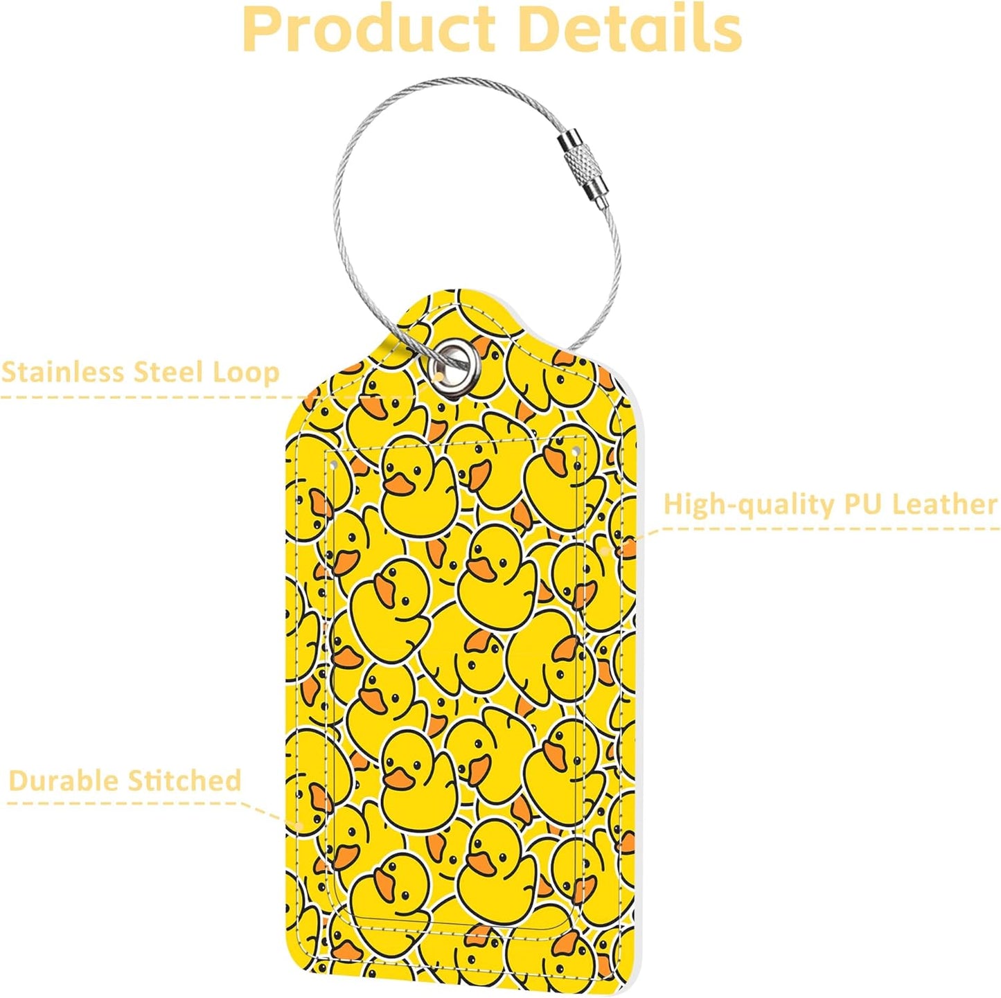 Cartoon Rubber Ducky Isolated Luggage Tags 2PCS PU Leather Suitcases Tag with Stainless Steel Loop and Privacy Name Address Cover Label Card for Women Men Travel