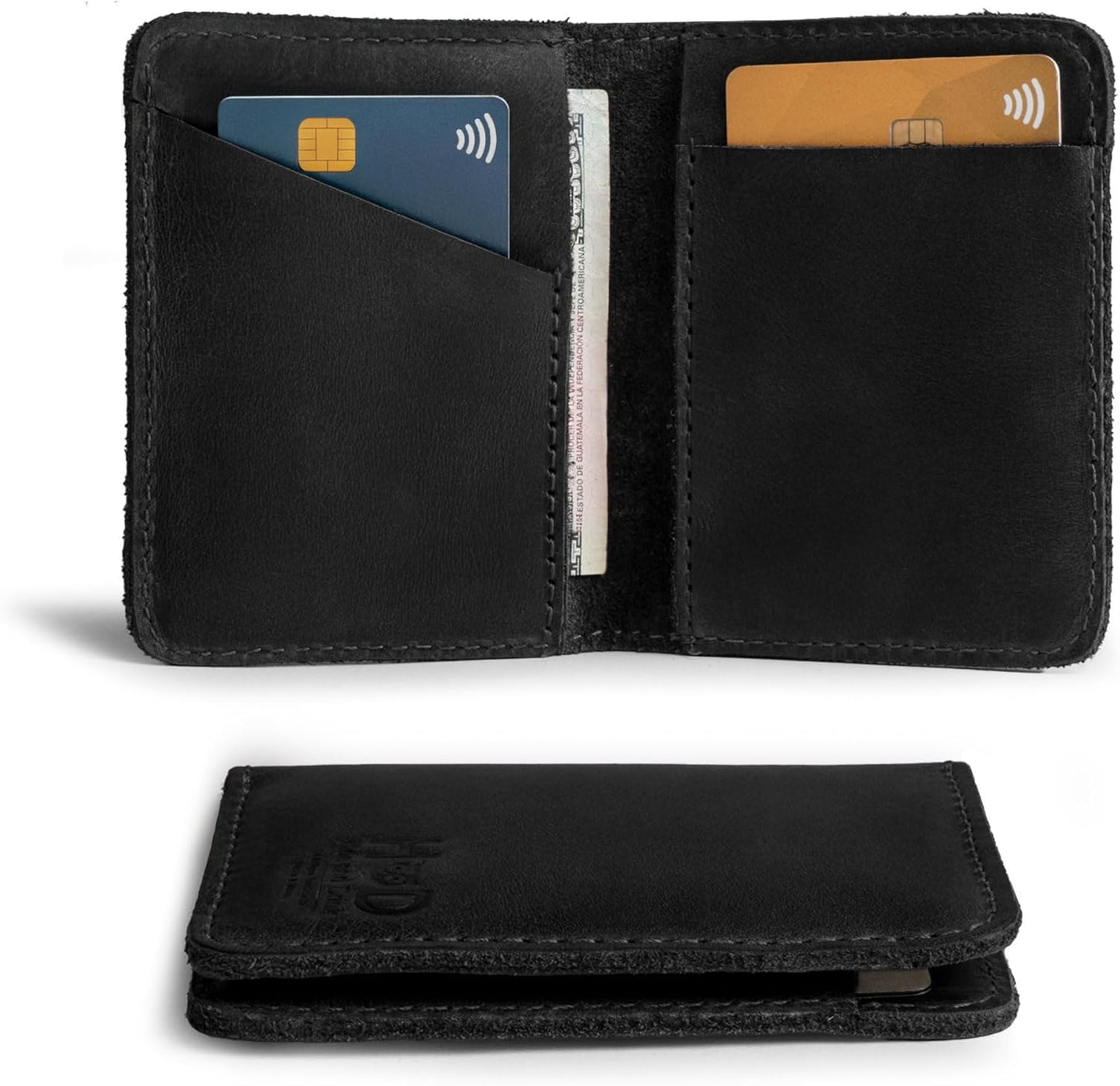 Hide & Drink, Bifold Wallet, Slim Card Holder, Minimalist Traveler Wallet, Vintage Front Pocket Wallet, Full Grain Leather, Handmade, Charcoal Black