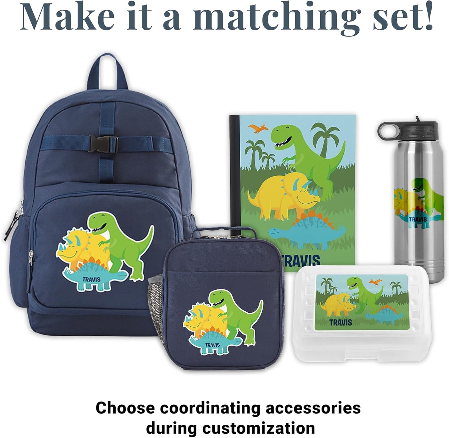 Let's Make Memories Kids Backpack for School, Personalized Back to School Supplies - Bookbag with Optional Lunch Box - Blue, Dinosaurs