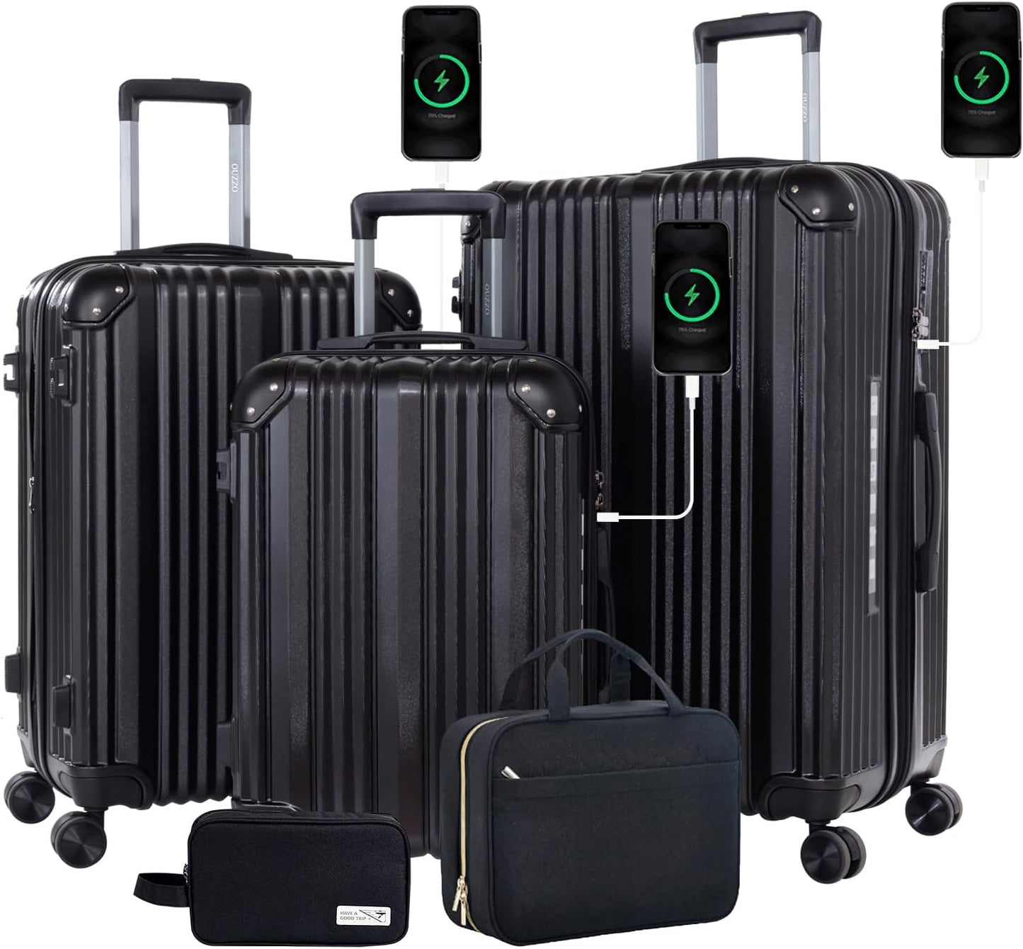 OUZZO 3-Piece Luggage Set, Hard-Shell Suitcases with USB Charging Port, 20/24/28-inch Spinner Wheels, Corner Protectors, TSA Approved, Expandable Luggage, Black