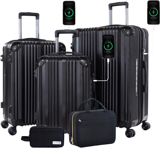 OUZZO 3-Piece Luggage Set, Hard-Shell Suitcases with USB Charging Port, 20/24/28-inch Spinner Wheels, Corner Protectors, TSA Approved, Expandable Luggage, Black
