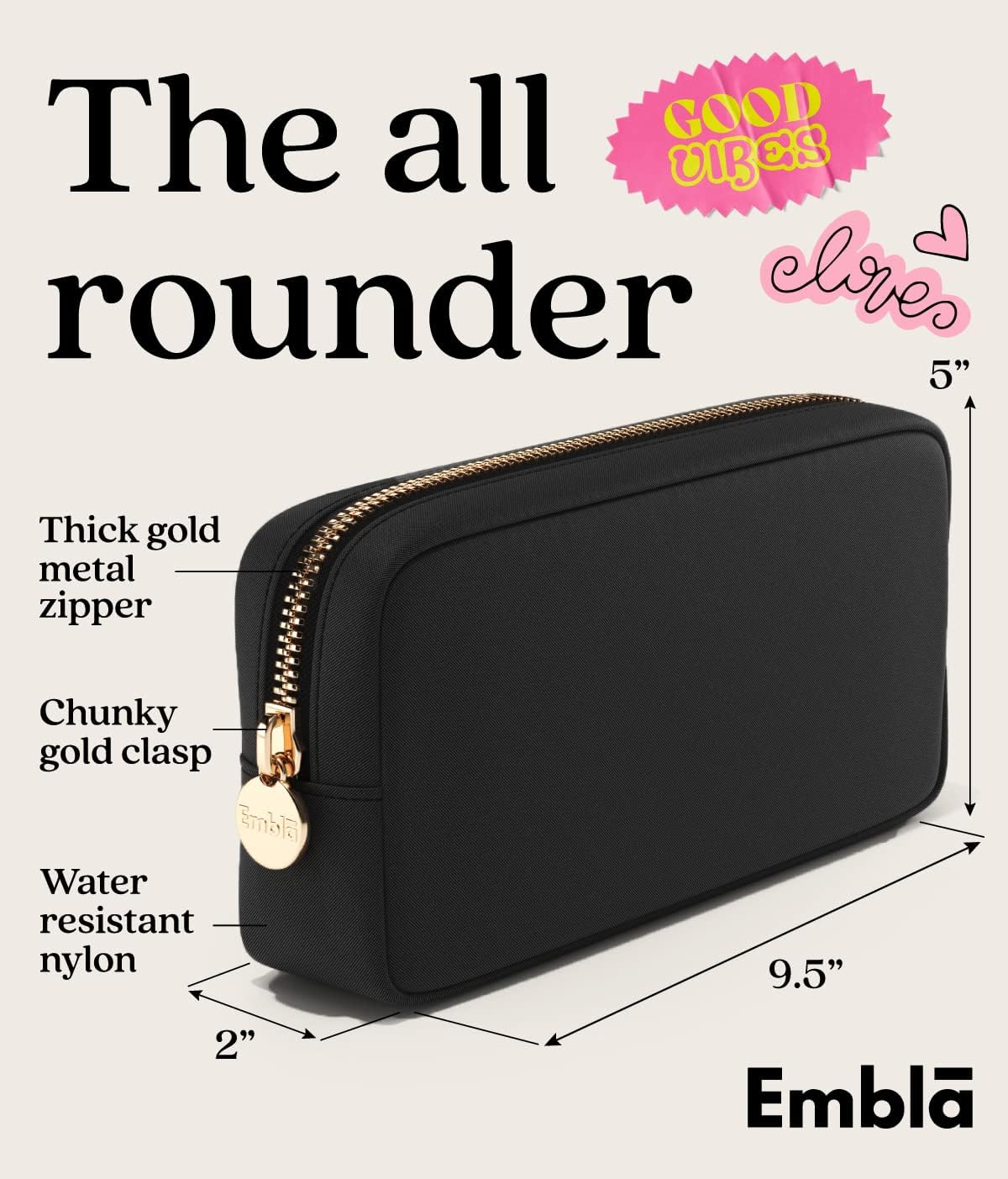Embla Makeup Bag Travel Cosmetics Pouch and Toiletry Bag, Nylon Zipper Pouch Purse, Cute Make Up