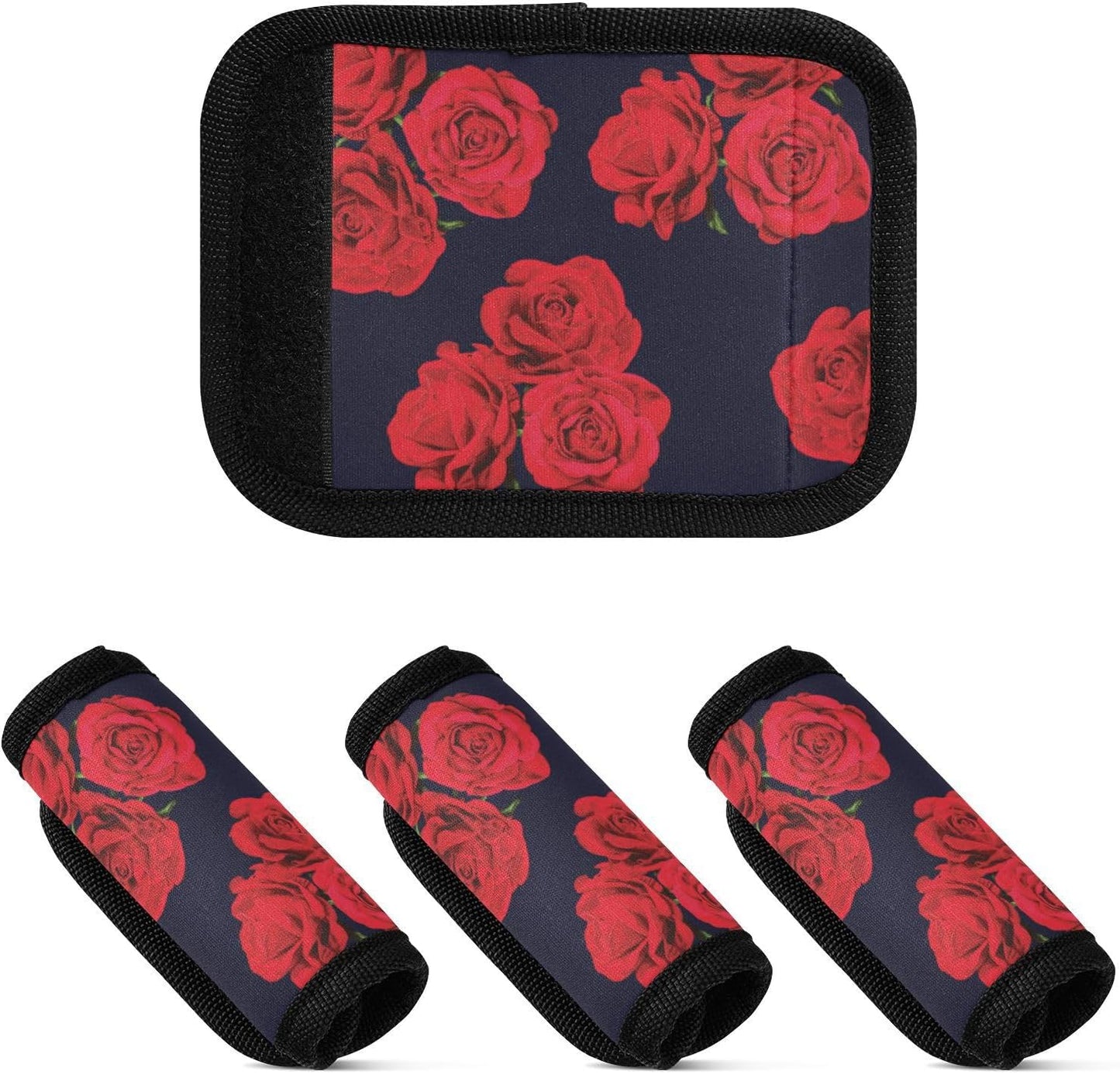 4Pcs Luggage Handle Wrap Suitcase Identifier Handle Covers Tags Soft Travel Bags Luggage Handle Gripper Accessories for Airplane Flying Red Roses Black