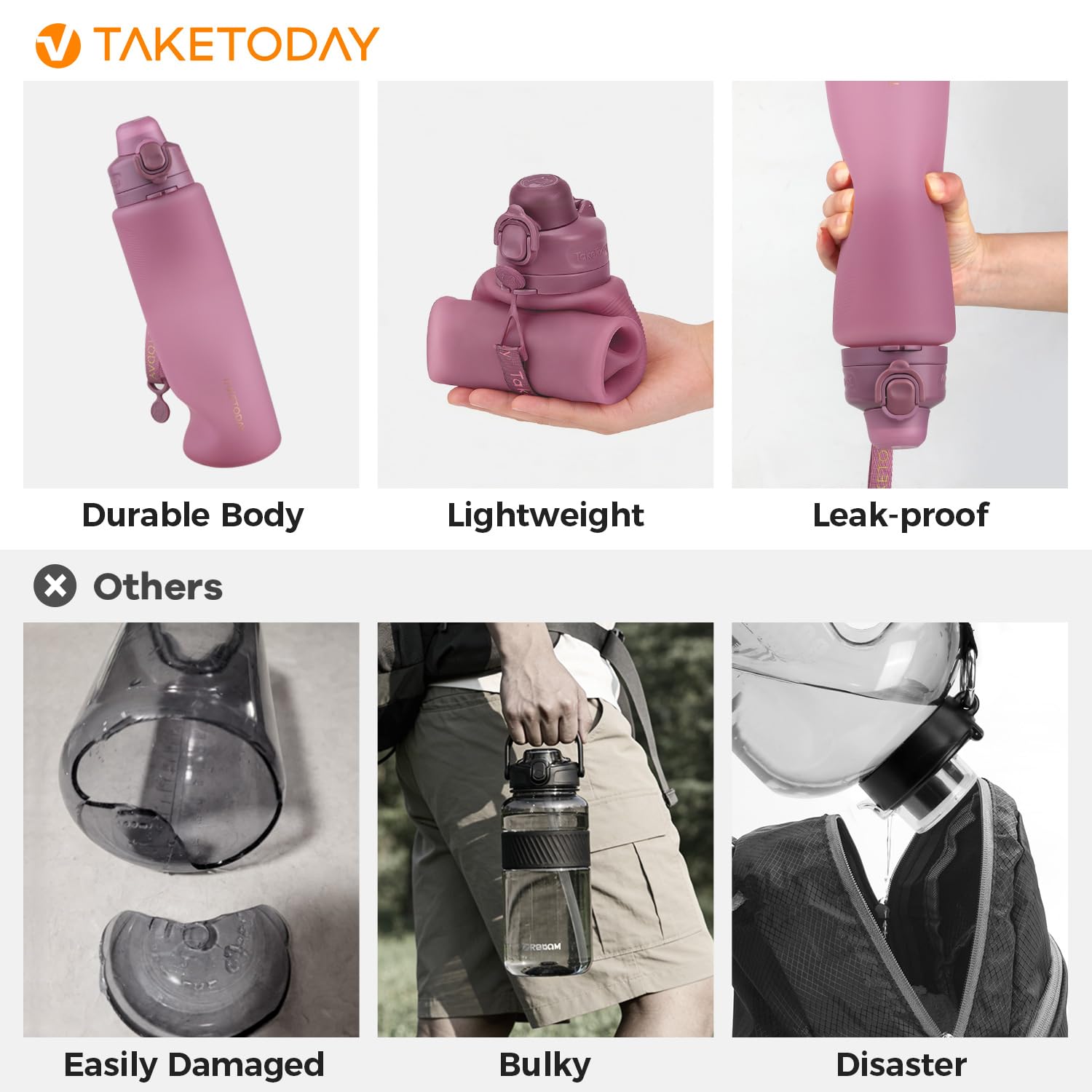 TakeToday Collapsible Water Bottles, Foldable for Travel, 32oz, Purple