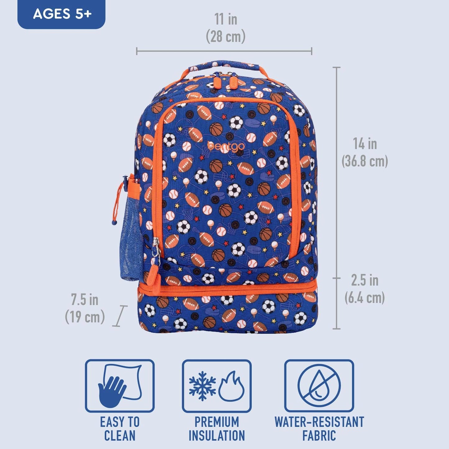 Bentgo Kids 2-in-1 Backpack & Insulated Lunch Bag - Durable 16” Backpack & Lunch Container in Unique Prints for School & Travel - Water Resistant, Padded & Large Compartments (Sports)