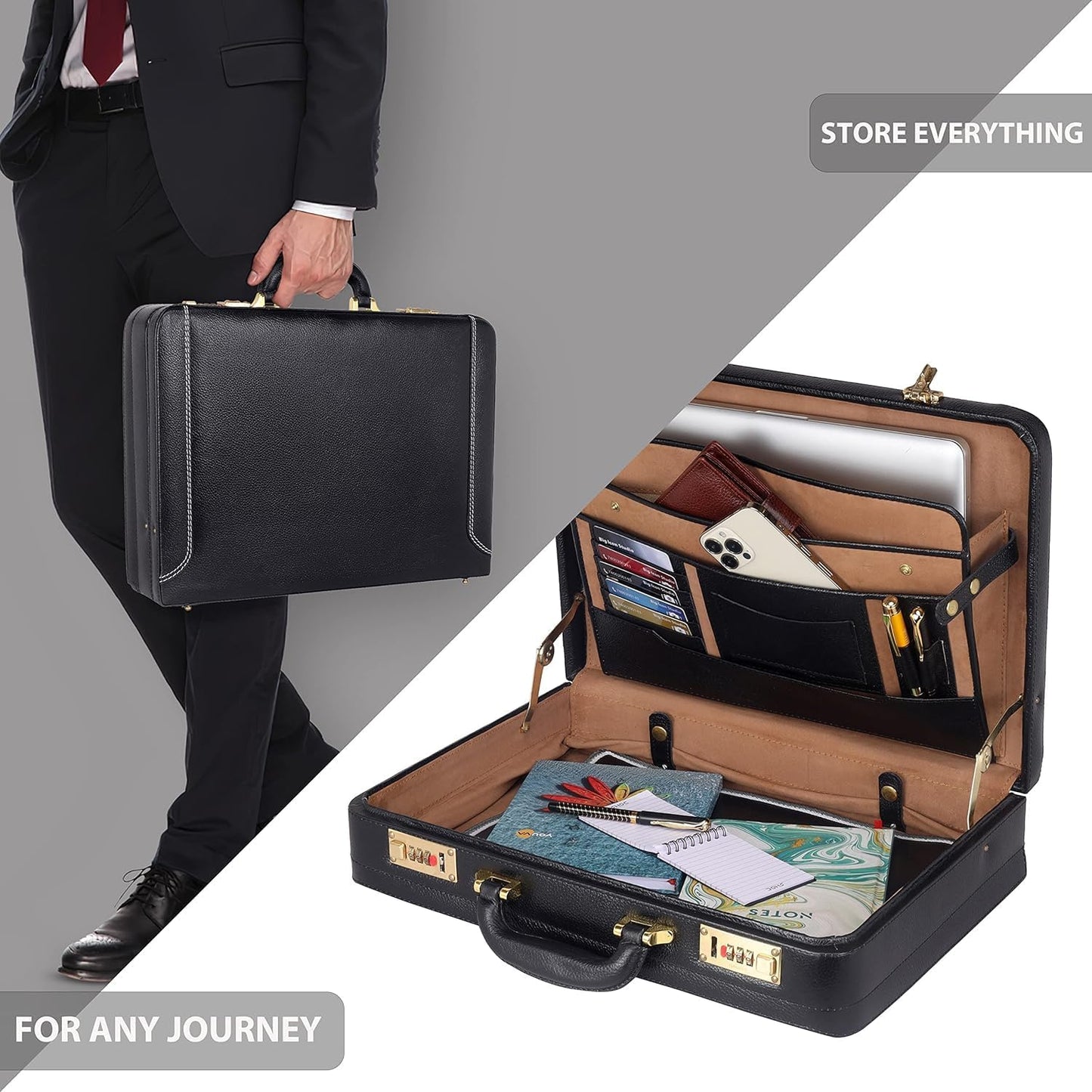 Full Grain Leather Briefcase Attache Case For Unisex Size L18 x W5 x H12 Inches Expandable Briefcase Bag