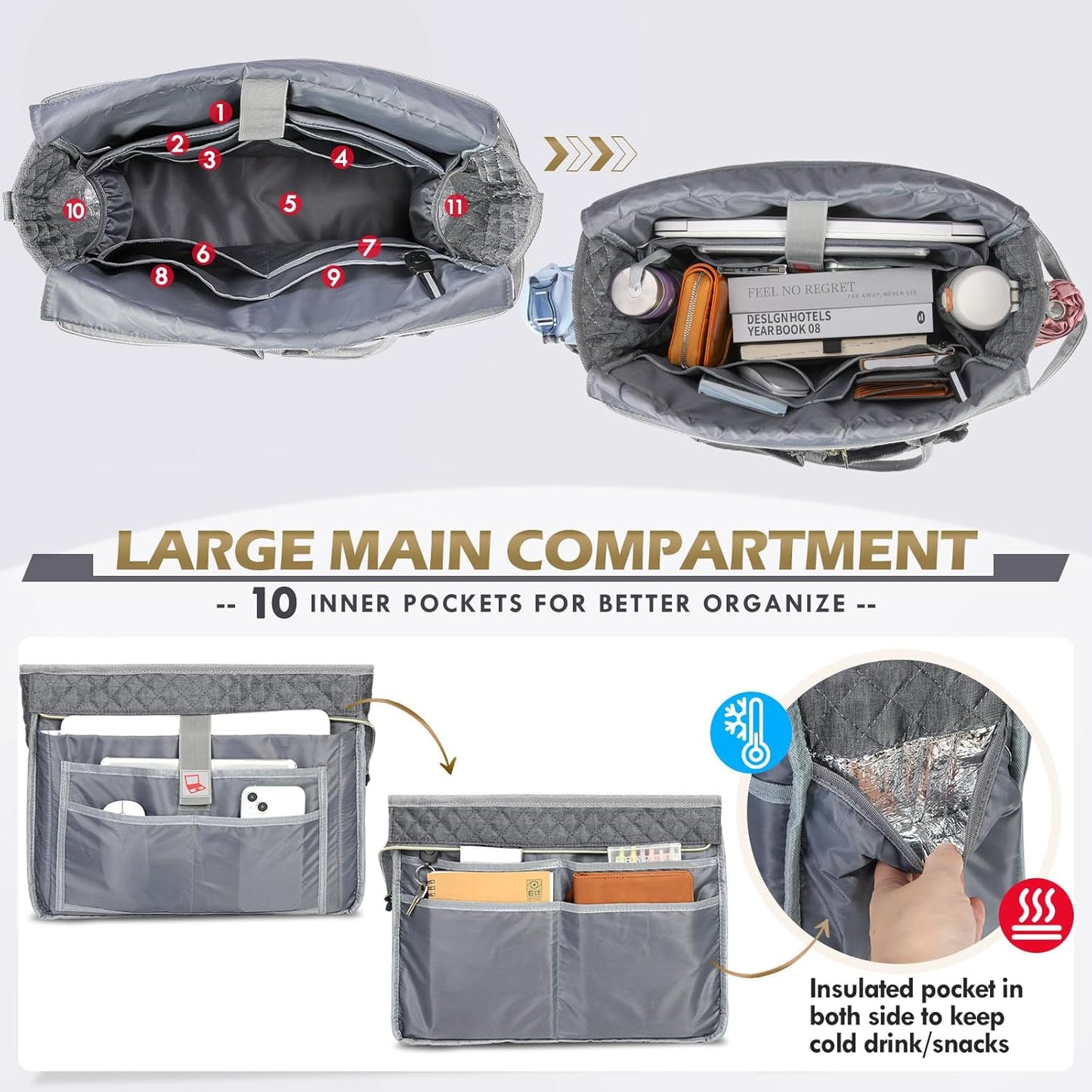 RAINSMORE Teacher Tote Bag 15.6 inch Laptop Bag for Women Work Bags Laptop Tote Nurse Bag Professional Computer Messenger with Insulated Pocket, Laptop Briefcase for Office, College, Nursing, Grey